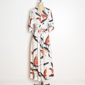 vintage 70s maxi kimono dress white Hawaiian aloha print long flutter sundress M